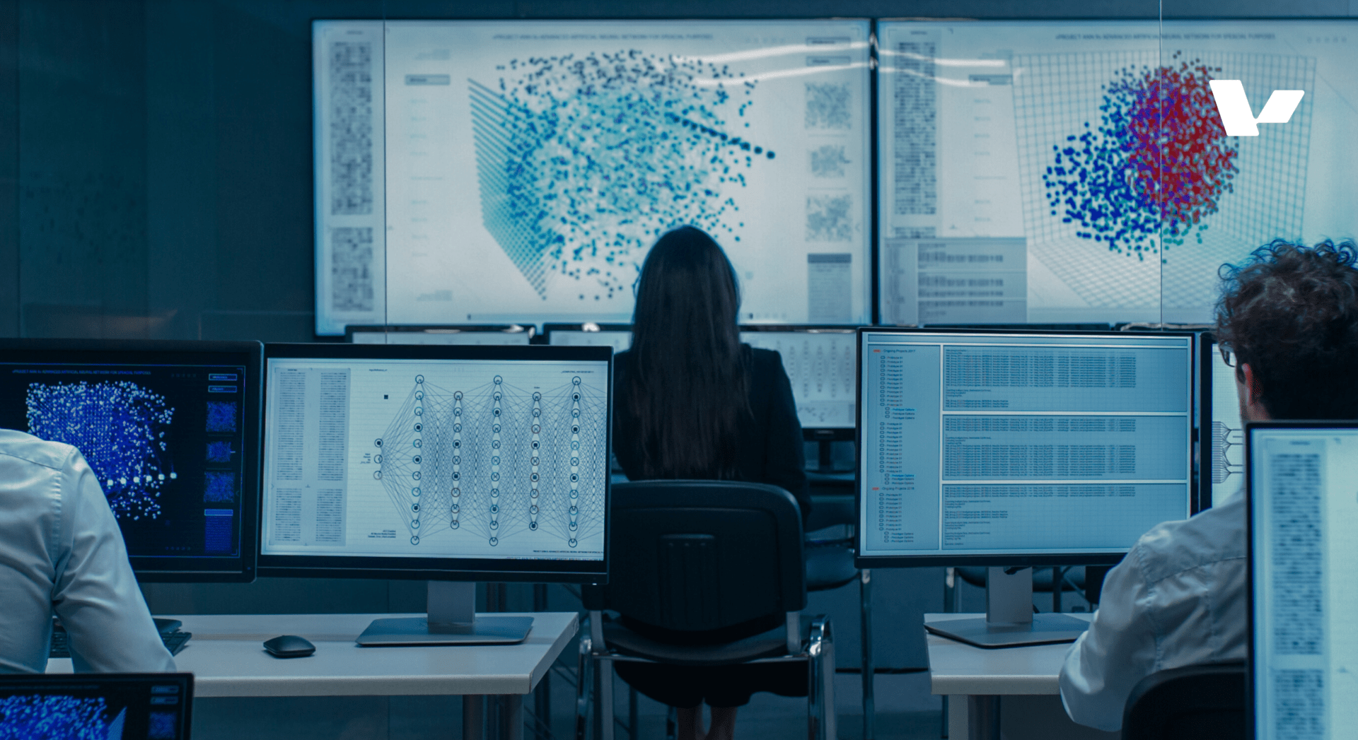 Data analysts in a high-tech control room monitoring large screens displaying neural network diagrams and 3D data visualizations.