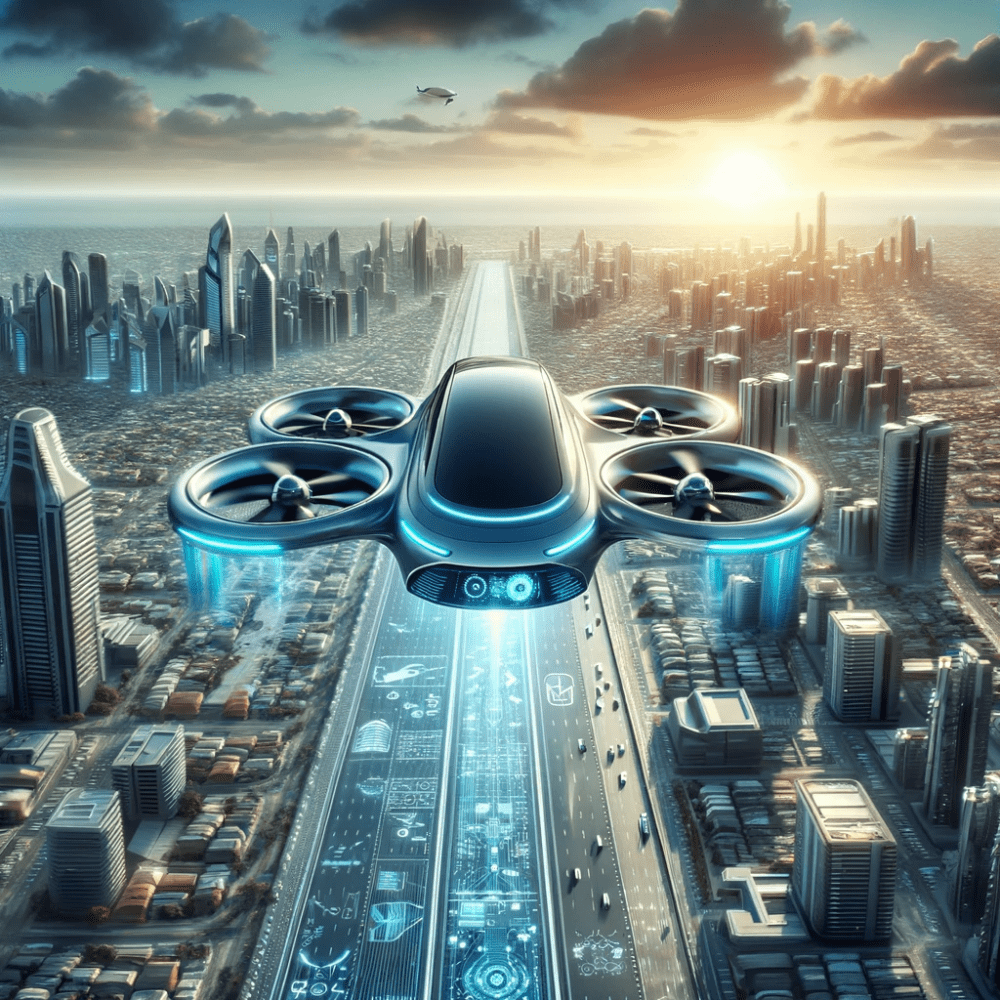 An autonomous flying car with advanced AI interfaces glides above a high-tech cityscape at sunrise, symbolizing Valere's commitment to pioneering future mobility solutions that transcend traditional traffic limitations