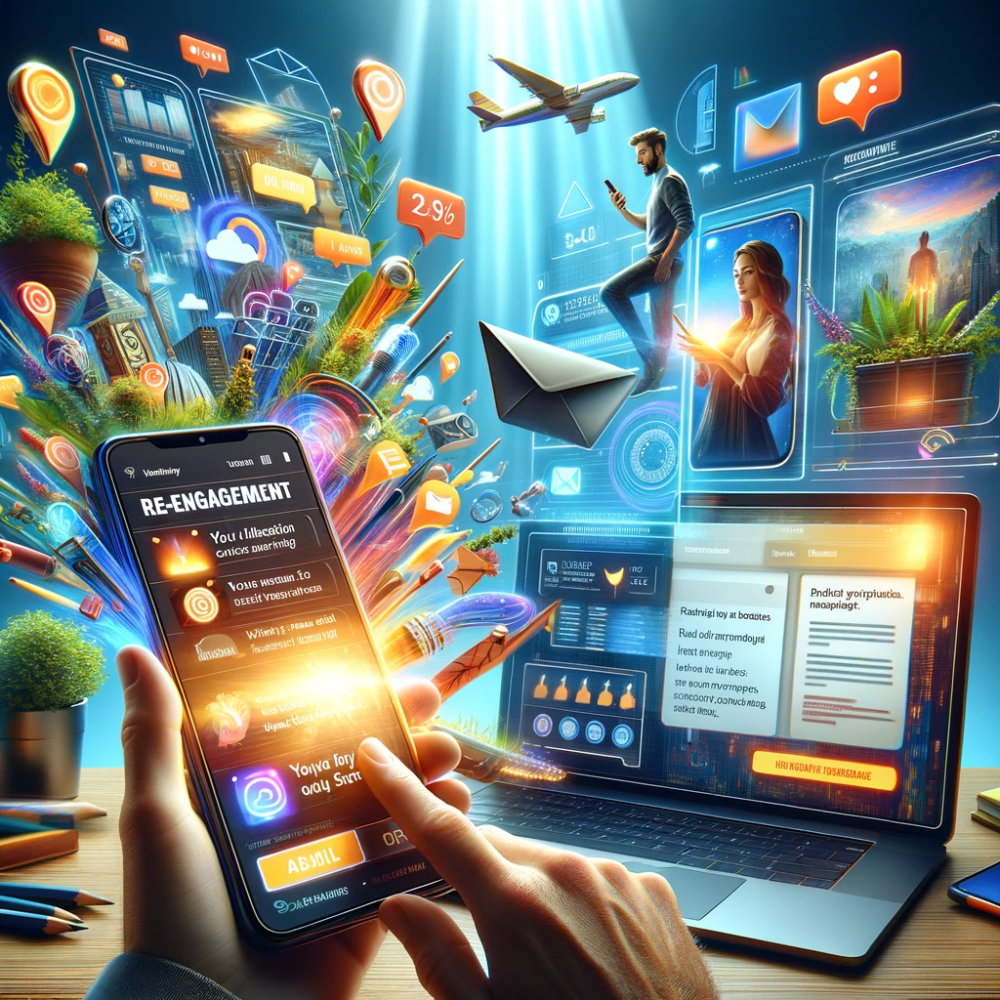 A smartphone and a laptop displaying vibrant push notifications and personalized email offers, symbolizing re-engagement in a professional yet inviting digital environment.