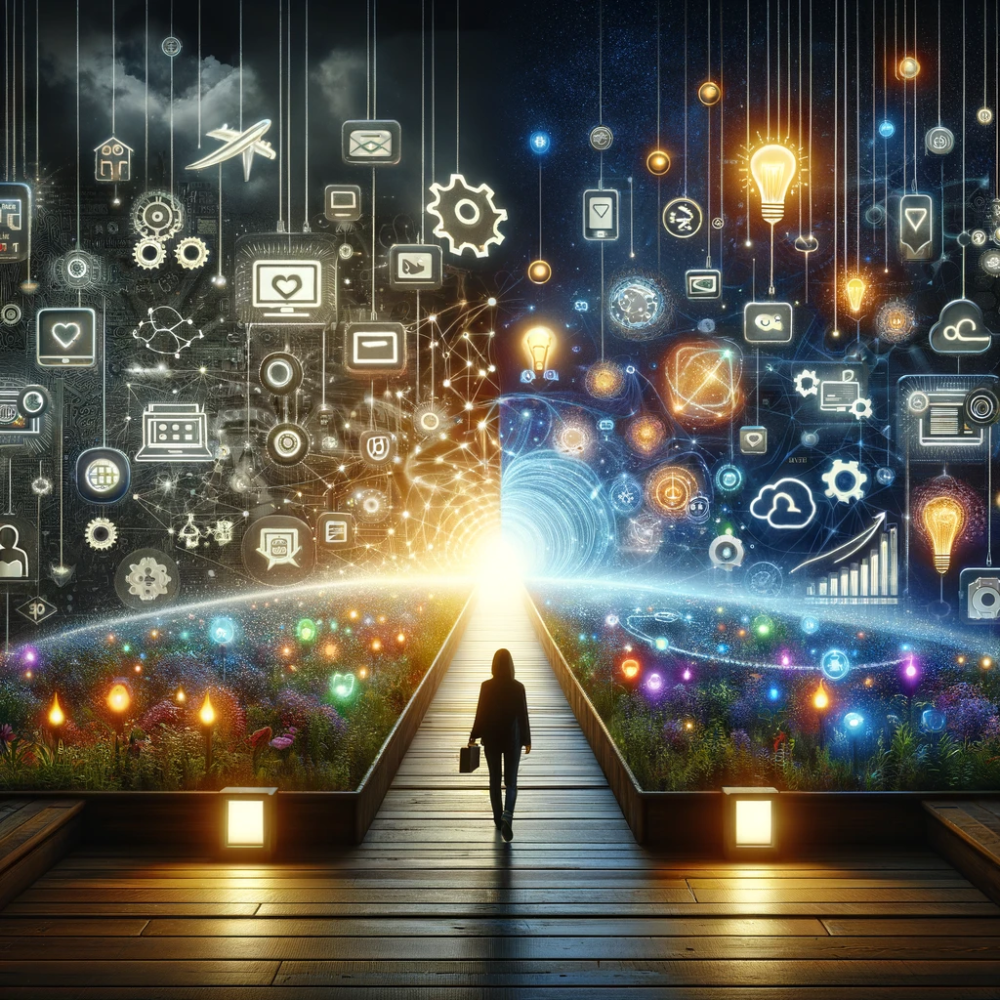 A digital landscape showcasing a user's journey from casual browsing to loyal customer, with a pathway leading from a dim area to a brightly illuminated space filled with digital elements, symbols of innovation, and Valere's unique strategies.