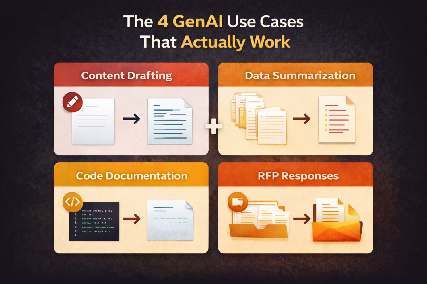 4 Generative Artificial Intelligence Use Cases

Content drafting for internal reports and documentation
Data summarization from long documents or meeting transcripts
Code documentation and technical explanations
RFP responses pulling from past proposals
