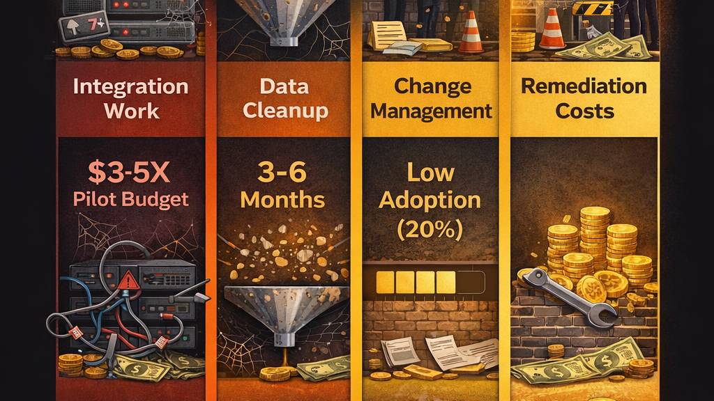 Data cleanup: The vendor assumed your data was ready. It's not. You need 3-6 months of cleanup work before the AI can even start training properly.
Integration work: The demo made it look seamless. In reality, your systems don't have proper APIs. You need custom middleware. Scaling often costs 3-5 times the pilot project budget, according to Forrester Research.
Change management: Your team doesn't trust the new system. They keep using the old workflows. Adoption remains at 20% after six months. You need training, communication, incentives, and process redesign.
Remediation costs: The initial implementation failed. Now you're paying a second team to diagnose what went wrong and rebuild it properly.
